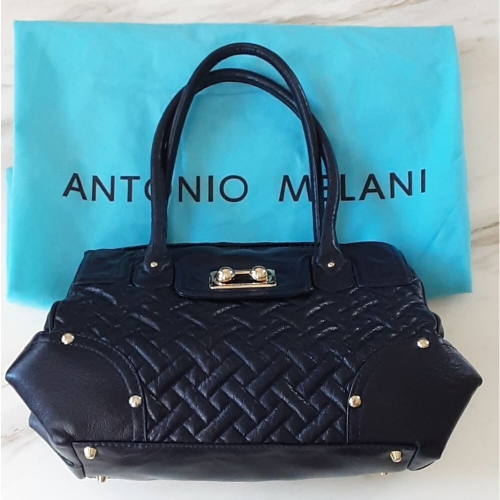ANTONIO MELANI Leather Navy Blue Quilted Gold Double Strap Handbag W/Dus…